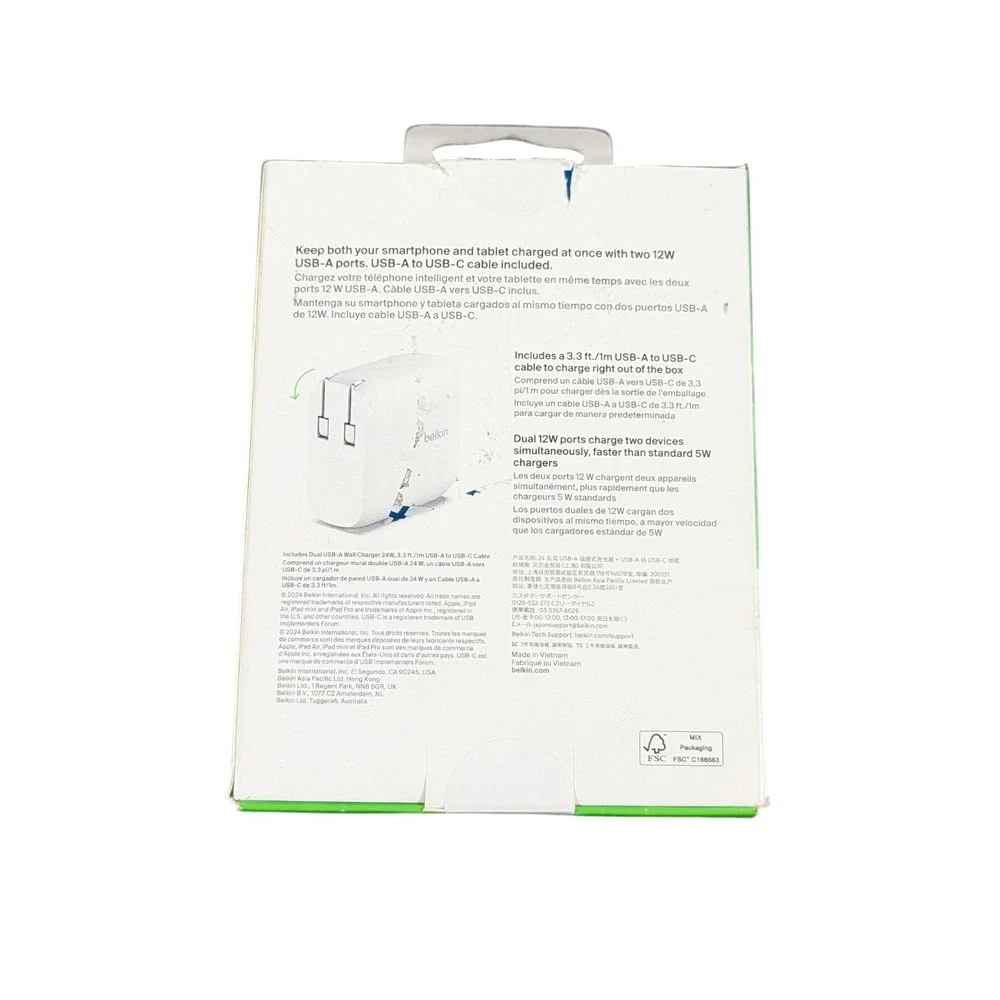 Cc8O Belkin 24W Dual Port USB Wall Charger with‎ USB-A To USB-C Cable White
